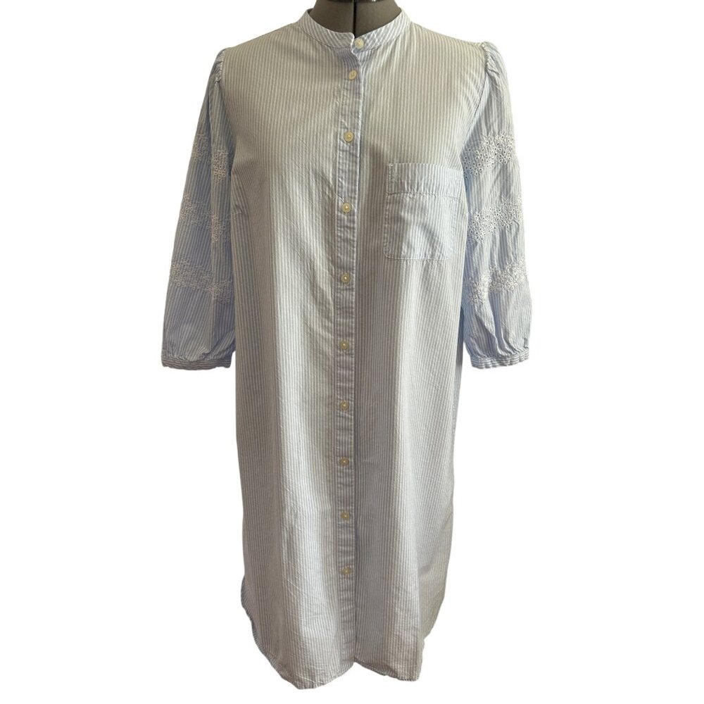 Loft Blue & White Striped Shirt Dress L 3/4 Sleeve Embroidered  Button Front